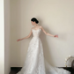 White strapless appliqué waist-cinched slim-fit long elegant prom dress, wedding dress R7958