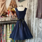 Navy blue sleeveless fitted A-line mini ball gown R6332