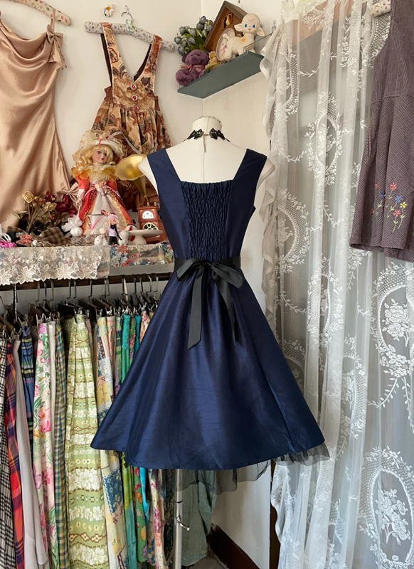 Navy blue sleeveless fitted A-line mini ball gown R6332