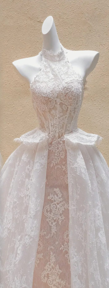 Pink halterneck lace slim waist hip sexy bridal dress R5739