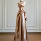 Brown strapless fitted waist elegant satin long ball gown R8166