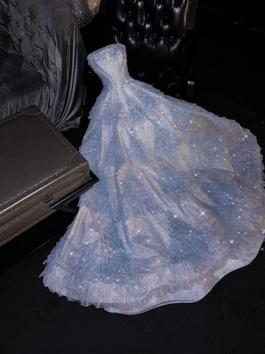 Light blue strapless, fitted waist, full skirt, long ball gown, bridal dress R8768