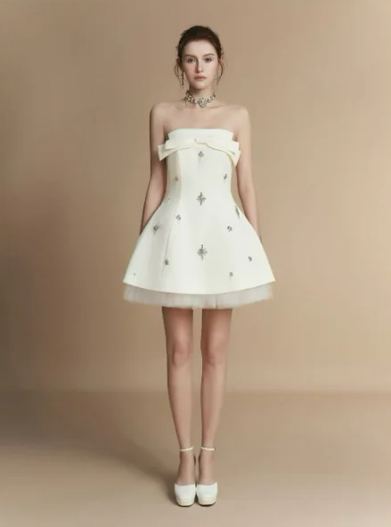 White tube top waist temperament A-line slim princess skirt homecoming dress R4839