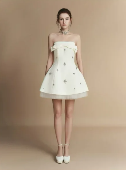 White tube top waist temperament A-line slim princess skirt homecoming dress R4839