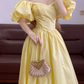 Light Yellow Puff-Sleeve Waist-Cinched Floor-Length Ball Gown, Bridal Gown R7343