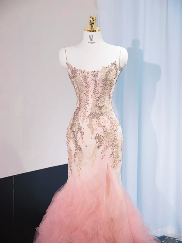 Light pink halter-neck, fitted, bodycon, sexy fairy-like long ball gown, bridal dress R9008