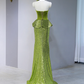Green strapless fitted long ball gown R9038
