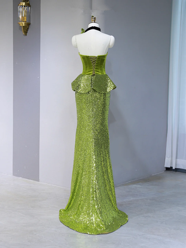 Green strapless fitted long ball gown R9038