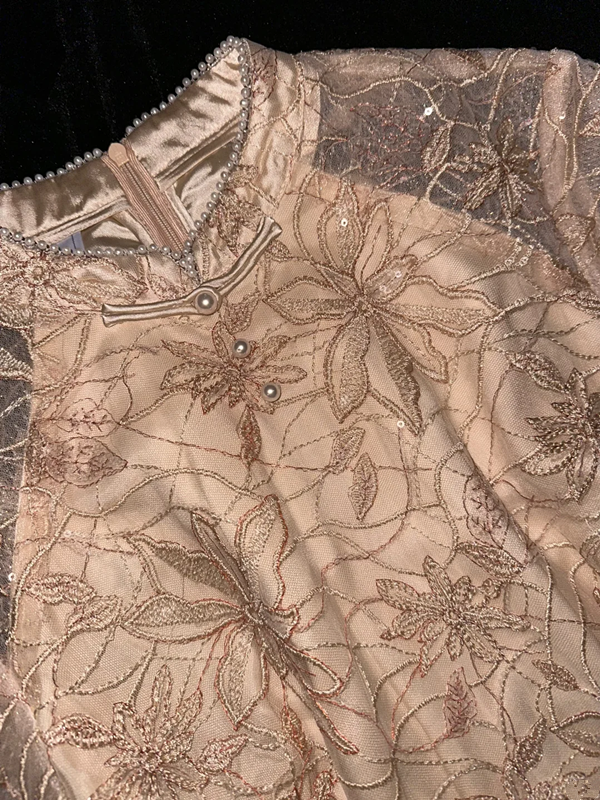 Apricot-colored Chinese-style dress, fitted waist, embroidered and printed mid-length ball gown R6851