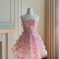 Pink fairy 3D flower tube top waist A-line skirt homecoming dress R5004