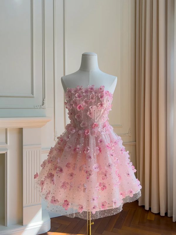 Pink fairy 3D flower tube top waist A-line skirt homecoming dress R5004