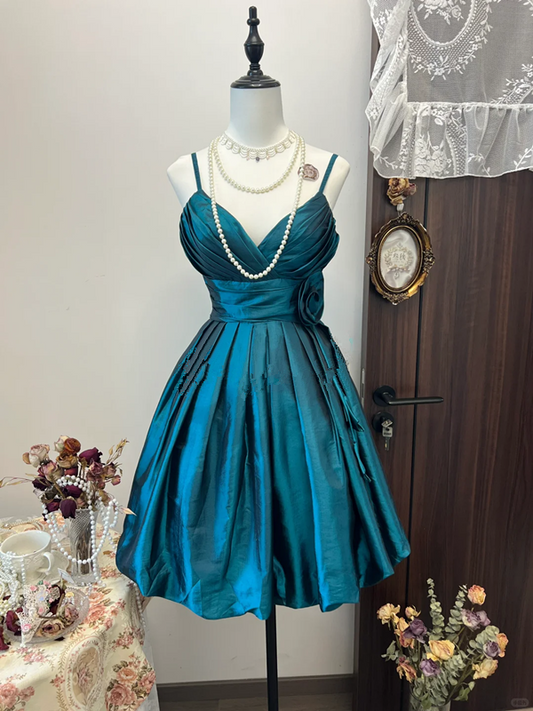 Blue suspender low-cut sexy waist slimming pleated satin skirt homecoming dress R4270