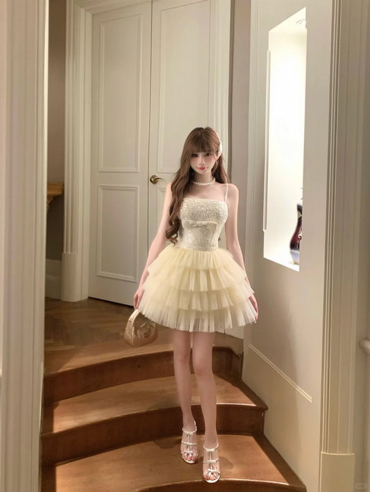 Apricot Strapless Sexy Waisted Puffy Tulle Short Skirt Homecoming Dress R4230