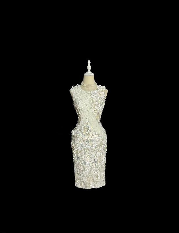White sleeveless sequined fitted waist short ball gown R6612