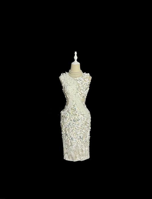 White sleeveless sequined fitted waist short ball gown R6612