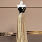 Black strapless, fitted waist, long ball gown with gold trim R8373