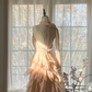 Champagne pink beaded bodice, fitted waist, tiered skirt, short ball gown R7687