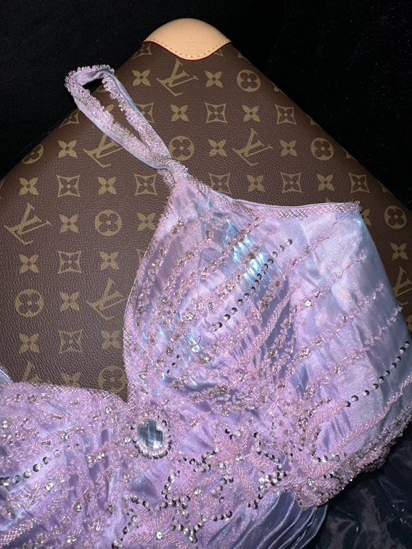 Blue-purple halter-neck fitted long ball gown R7011