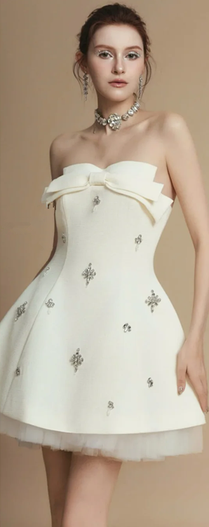 White tube top waist temperament A-line slim princess skirt homecoming dress R4839