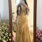 Champagne-colored floral print halter-neck fitted long ball gown R7758