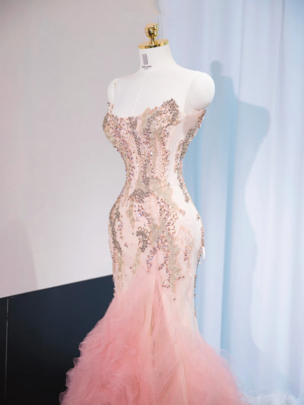 Light pink halter-neck, fitted, bodycon, sexy fairy-like long ball gown, bridal dress R9008