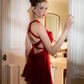 Red halterneck satin sexy backless waist slim short skirt homecoming dress R4472