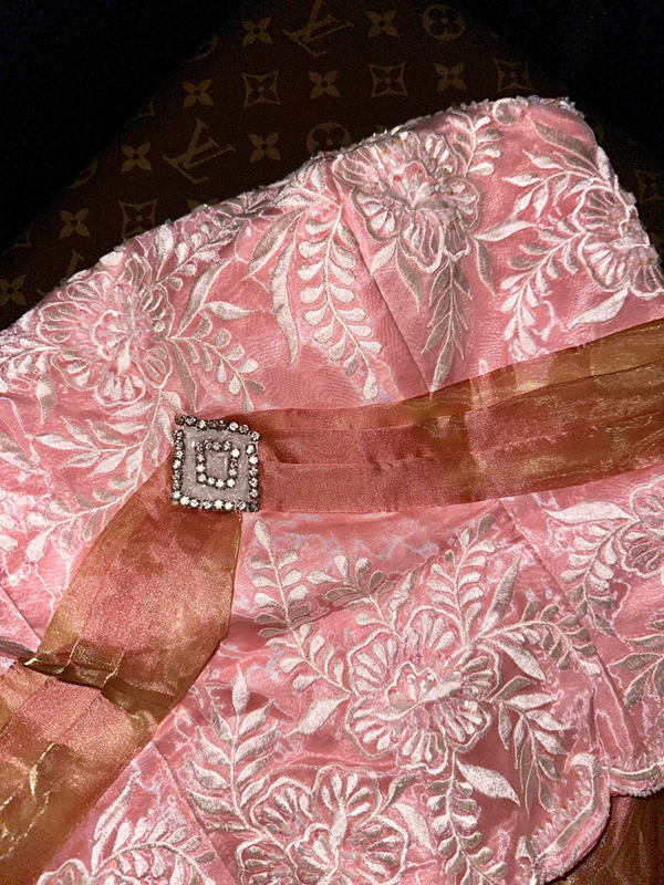 Gold and pink strapless long ball gown with a cinched waist and pleated skirt R6971