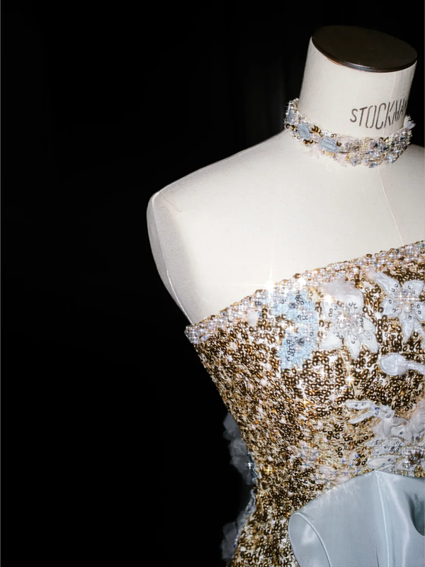 Gold sequined elegant tube top slim waist long dress, prom dress R5657