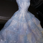 Light blue strapless, fitted waist, full skirt, long ball gown, bridal dress R8768