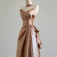 Brown strapless fitted waist elegant satin long ball gown R8166