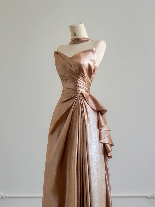 Brown strapless fitted waist elegant satin long ball gown R8166