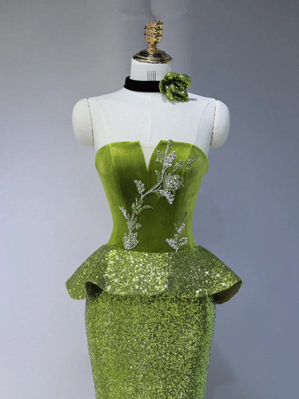 Green strapless fitted long ball gown R9038