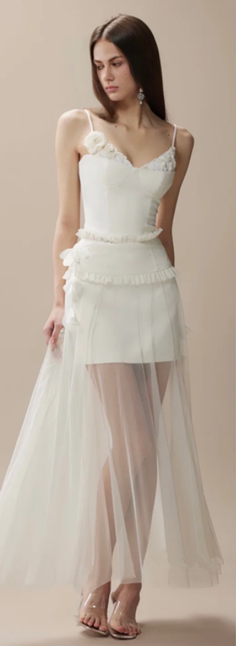 White suspenders waist slim hip short skirt sandy skirt long skirt homecoming dress R4390