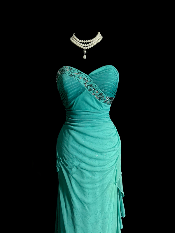 Lake blue strapless fitted long ball gown R6652