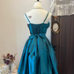 Blue suspender low-cut sexy waist slimming pleated satin skirt homecoming dress R4270