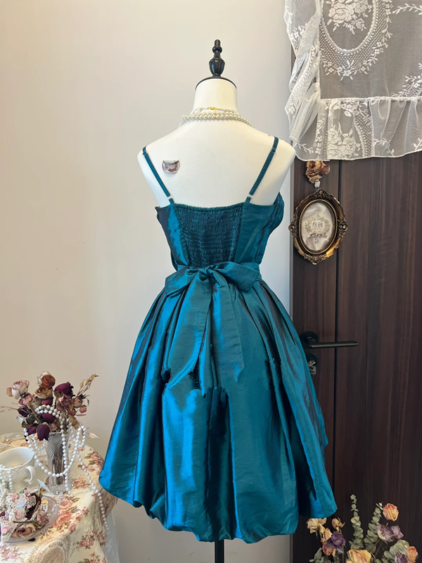 Blue suspender low-cut sexy waist slimming pleated satin skirt homecoming dress R4270