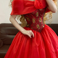 Red Off-the-Shoulder Waist-Cinched Retro Long-Sleeve Elegant Ball Gown, Bridal Gown R7325
