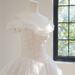 White off-the-shoulder, fitted waist, full skirt, long ball gown, bridal dress R8457