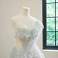 Light blue one-shoulder floral dress with a full skirt, long ball gown R8487