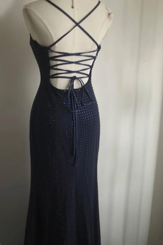 Navy blue halter-neck backless sexy long ball gown R6811