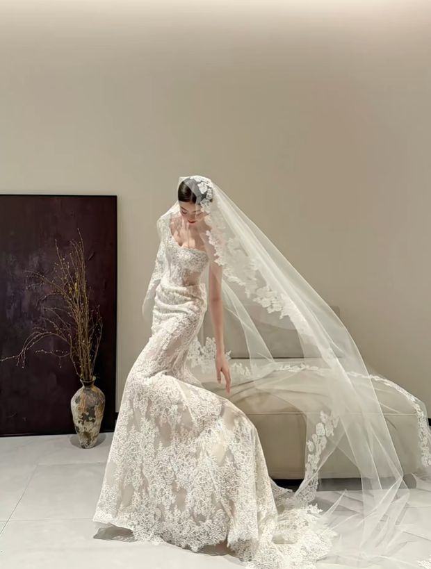 White strapless lace waist slim sexy fishtail long dress bridal gown R6053