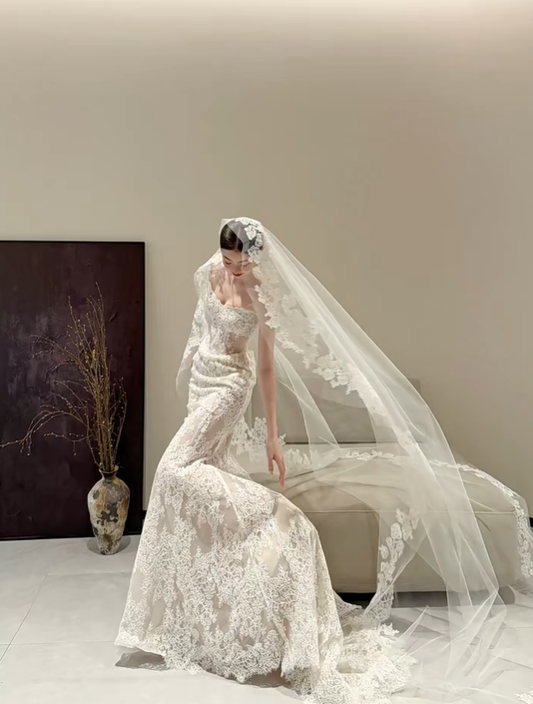 White strapless lace waist slim sexy fishtail long dress bridal gown R6053