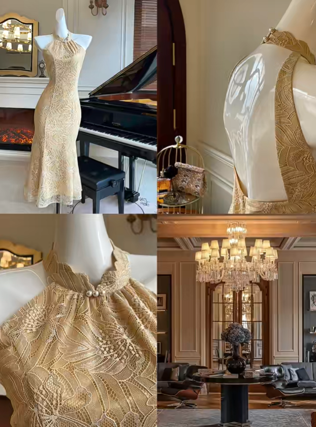 Yellow halter-neck fitted waist classic and elegant ball gown R6412