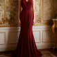 Red halter-neck, fitted waist, bodycon long ball gown R6692