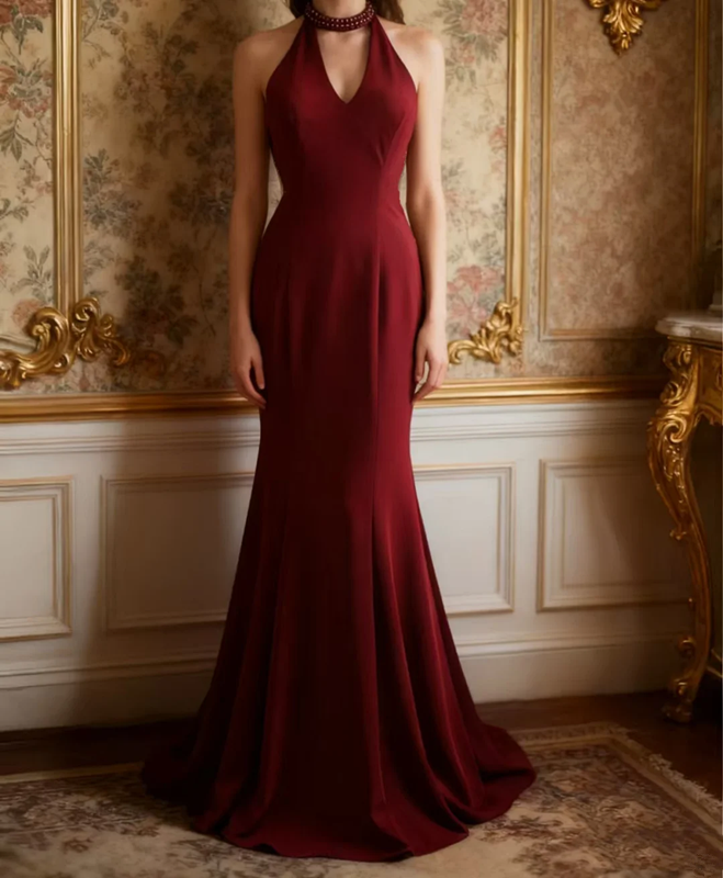 Red halter-neck, fitted waist, bodycon long ball gown R6692