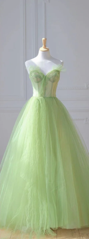 Light Green Tube Top Corset Top with Fitted Waist, A-Line Hem Ball Gown / Bridal Gown R5893