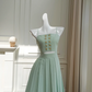 Light green suspender waist slim pleated short skirt homecoming dress R5334