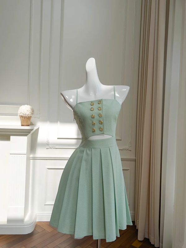 Light green suspender waist slim pleated short skirt homecoming dress R5334