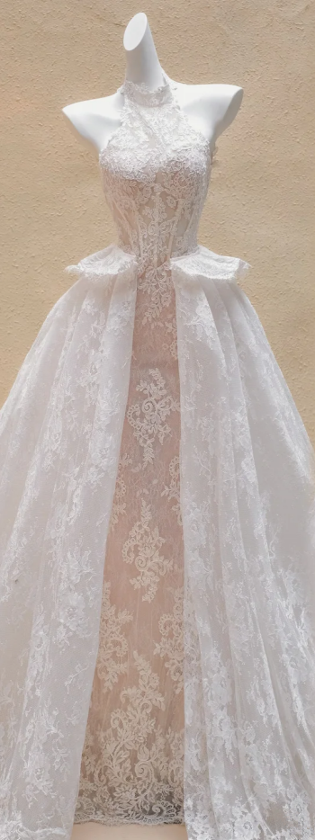 Pink halterneck lace slim waist hip sexy bridal dress R5739