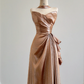 Brown strapless fitted waist elegant satin long ball gown R8166